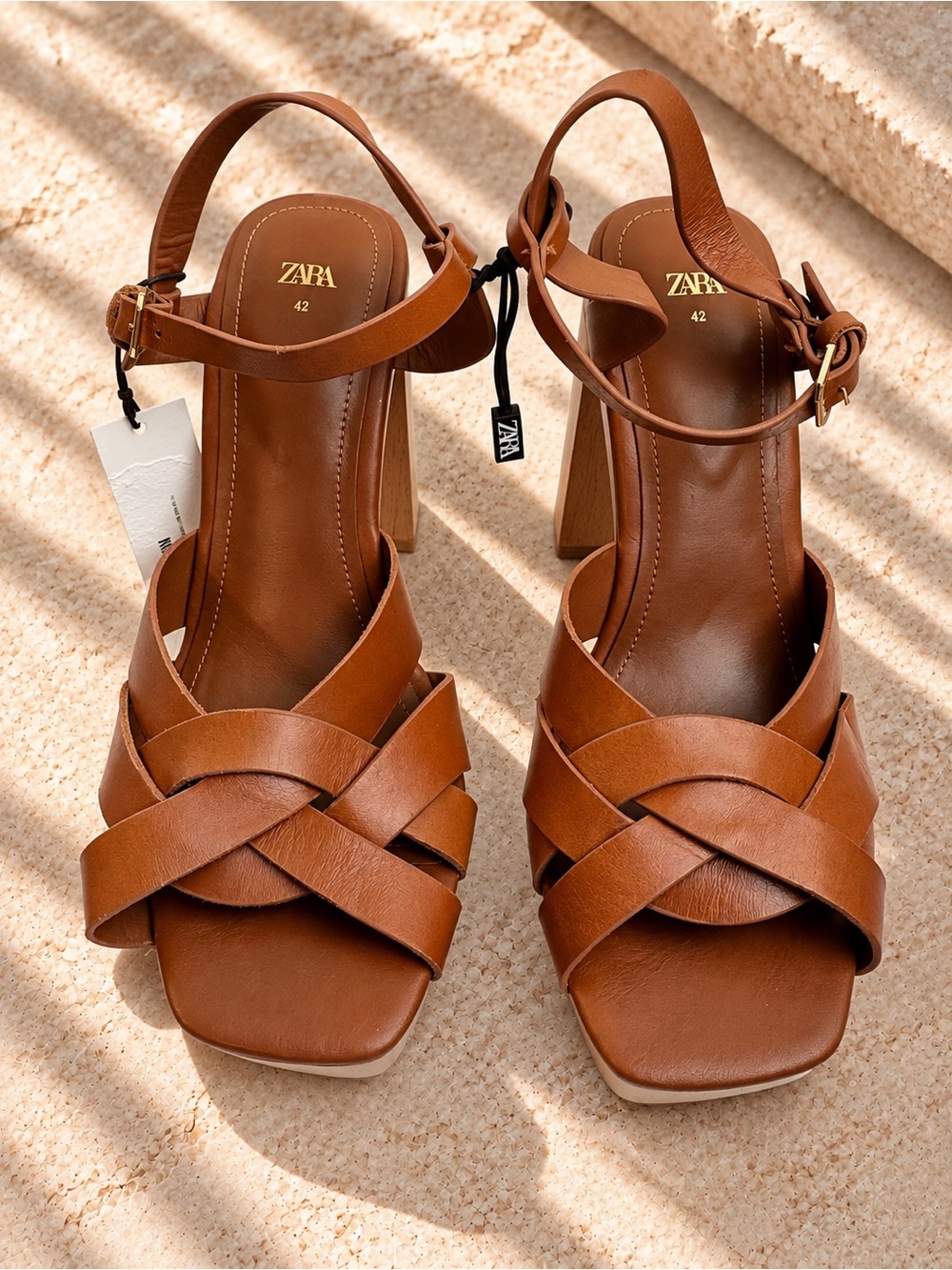 ZARA Brown Leather Wood Platform Heels Sandals EU 42 US 11.5 NWOB